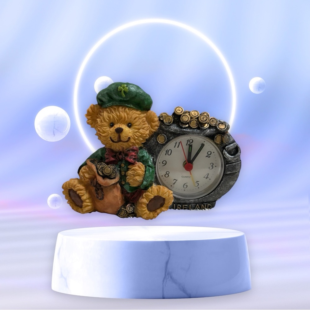 Teddy Bear Dressed in Irish Attire with Quartz Clock Figurine Multicolor
